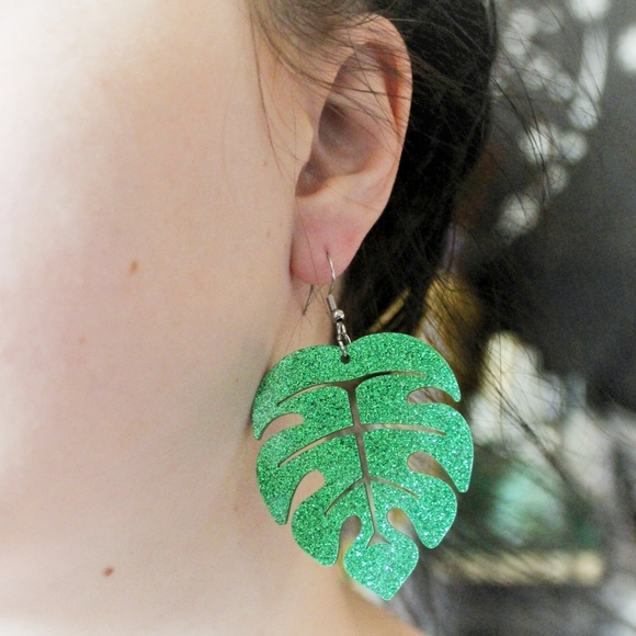 Large green glitter tropical Monstera Leaf Earrings - Picture 5 of 8